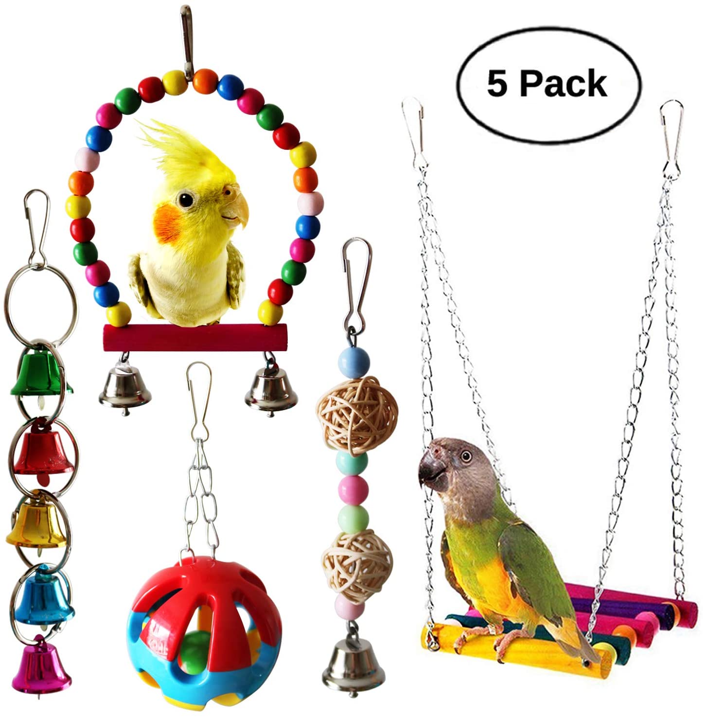 BWOGUE 5pcs Bird Parrot Toys Hanging Bell, Bird Cage Hammock, Swing Toy